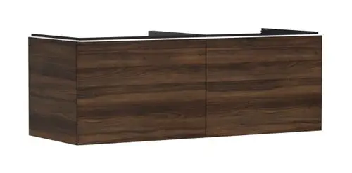 Waschtischunterschrank in dunklem Nussbaum, mit zwei Schubkästen, kompatibel mit Hansgrohe Konsolen Aufsatzwaschtisch, untere Fläche geschliffen.